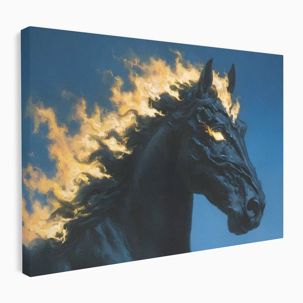 Tablou canvas cu tablou canvas cu armasar in flacari, fara rama, pe sasiu de lemn